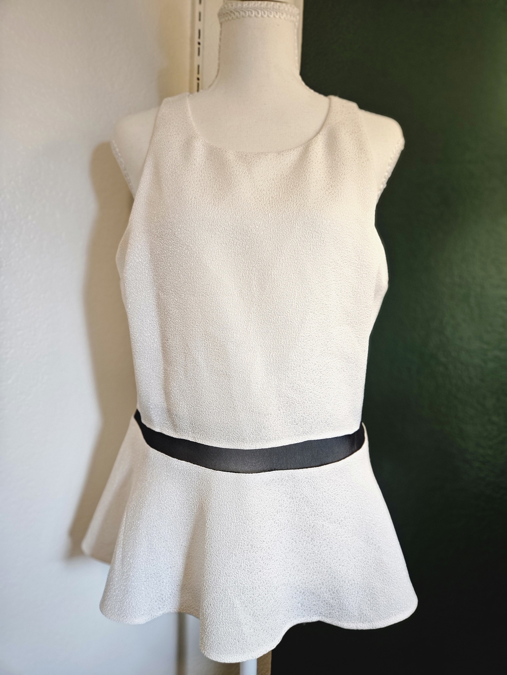 Express White Sleeveless Peplum Top with Black Waistband